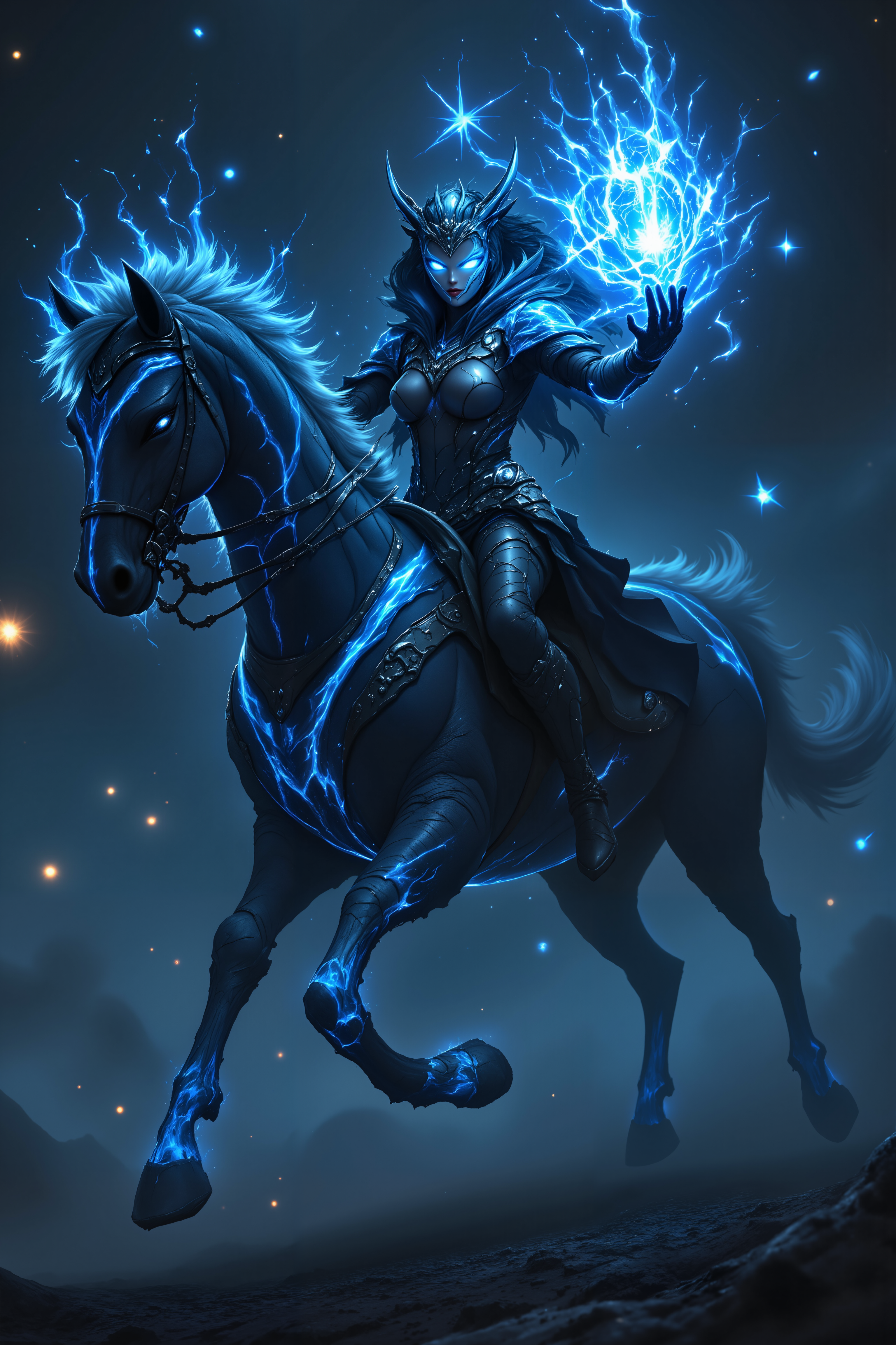 A night rider whose armor blends leather, metal, and living shadow. Her mount appears constructed from midnight mist and starless energy. Weapons materialize from darkness around her body. Silver threads trace magical connections across her equipment. Desolate landscape of eternal twilight surrounds her. , detailed background  Fantastic lighting. Detailed shadows.intricate details, vivid colors, hyper-detailed, ultra-sharp, , <lora:aidmaImageUpgrader-FLUX-V0.2:0.5><lora:PinkieFluxProUltraFantasia><lora:FluxDFaeTasticDetails:0.7>