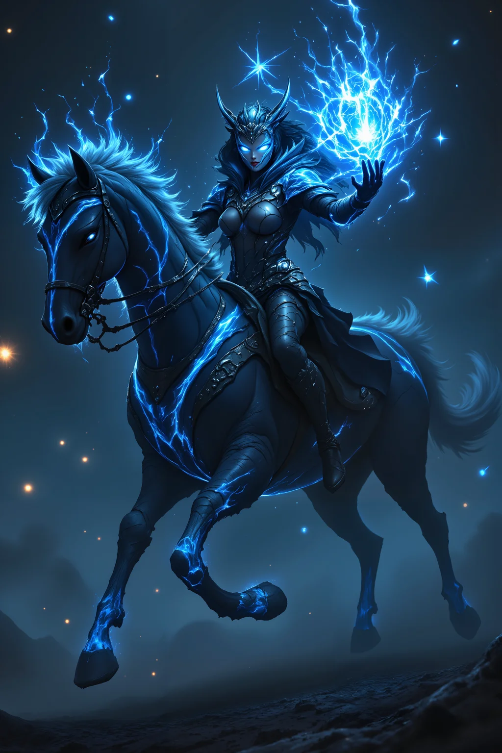 A night rider whose armor blends leather, metal, and living shadow. Her mount appears constructed from midnight mist and starless energy. Weapons materialize from darkness around her body. Silver threads trace magical connections across her equipment. Desolate landscape of eternal twilight surrounds her. , detailed background  Fantastic lighting. Detailed shadows.intricate details, vivid colors, hyper-detailed, ultra-sharp, , <lora:aidmaImageUpgrader-FLUX-V0.2:0.5><lora:PinkieFluxProUltraFantasia><lora:FluxDFaeTasticDetails:0.7>