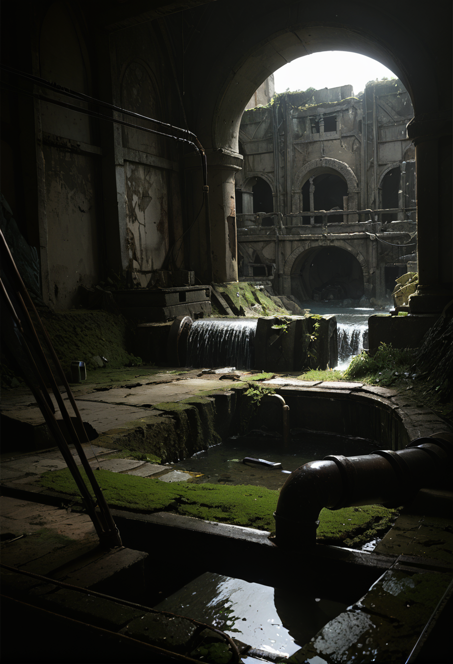 ,ruanyi0826,ruins,water,cable,indoors,drainpipe,dark,grass,<lora:0826 abandoned sewer_v1_pony:1>, score_9,score_8_up,score_7_up,,8k,1girl,solo,,