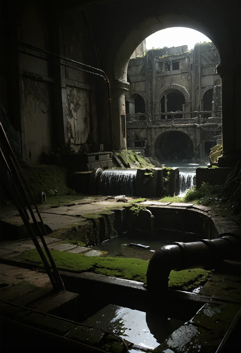 ,ruanyi0826,ruins,water,cable,indoors,drainpipe,dark,grass,<lora:0826 abandoned sewer_v1_pony:1>, score_9,score_8_up,score_7_up,,8k,1girl,solo,,