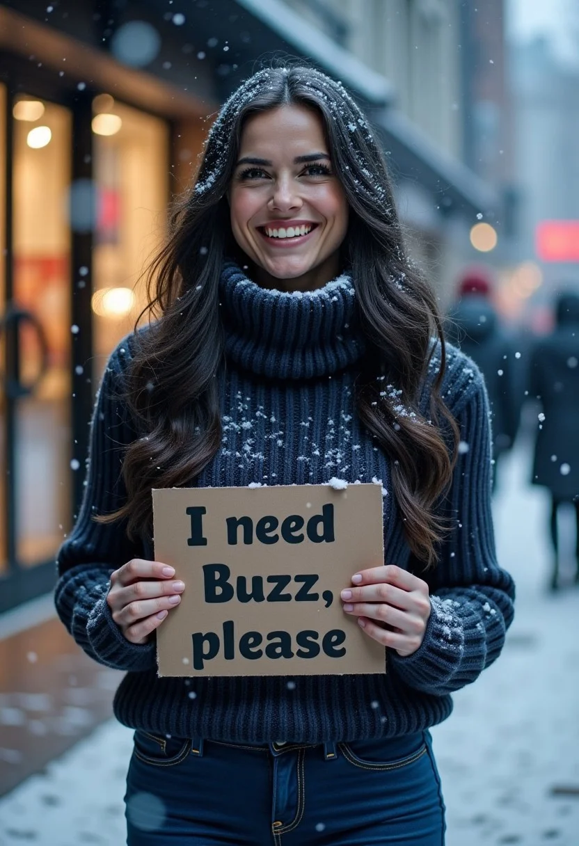 A 42-year-old woman with long black hair covered in snowflakes, dressed in a fitted dark blue knitted sweater and tight jeans, holds a sign that reads 'I need Buzz, please,' as large snowflakes fall on a darkening afternoon, with the entrance of a shopping mall in the background. Photorealistic textures, well composed, hyper-detailed snow, fabric, and hair, blue cinematic lighting, joyful and intimate atmosphere.