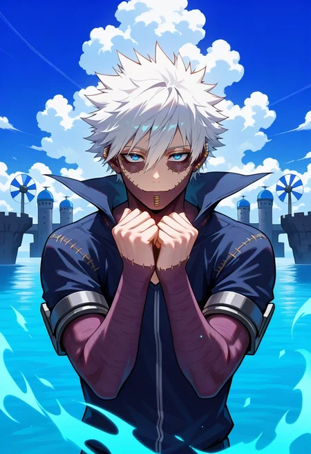 masterpiece, best quality, , , looking at viewer, 1boy, solo, male focus, <lora:dabi_bnha_ilxl:0.98>, dabi_bnha, white hair, blue eyes, short hair, spiked hair, hair between eyes, messy hair, bangs, scar, burn scar, scar on face, piercing, ear piercing, stitches, blue fire, sky fortress, floating citadel, cloud shields, wind generators, guarding pose, resolute expression, dawn light, devil costume