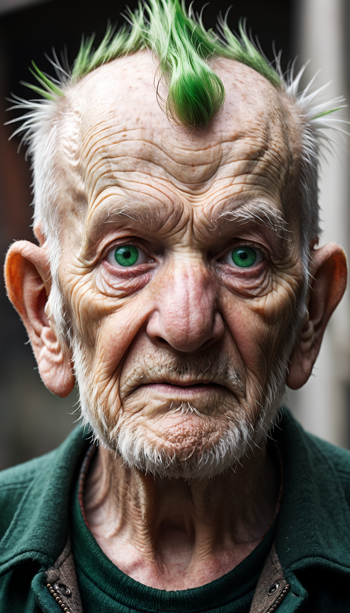 close up, photo, a irish old man, 90 years old, green eyes, mohawk