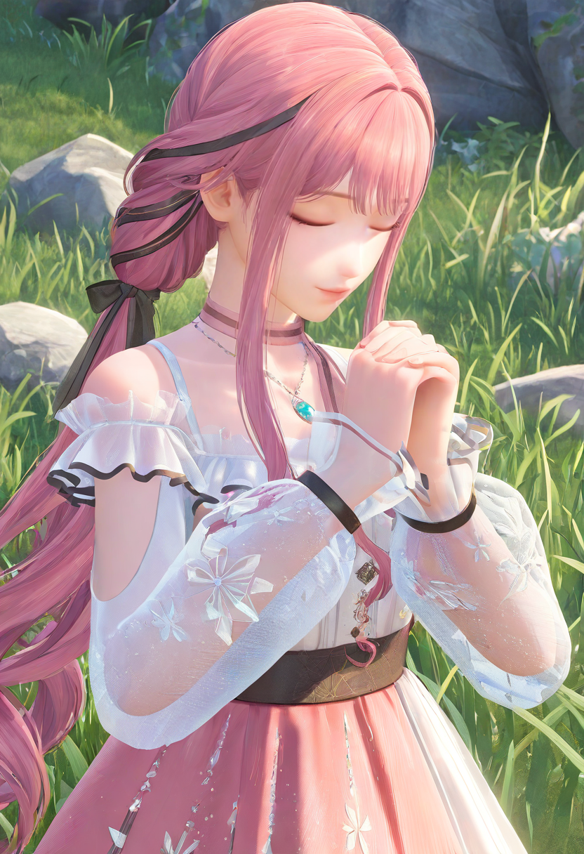 1girl, solo, pink hair, closed eyes, own hands together, grass, rock, necklace, outdoors, see-through sleeves, ribbon, long hair, dress, jewelry, pink skirt, pink dress, see-through, hair ribbon, pink ribbon, praying, own hands clasped, skirt, sidelocks
masterpiece,year 2024,newest,highres,absurdres,
<lora:nuannuan_NoobVpred65S:1>,