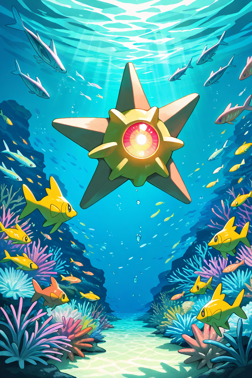 masterpiece, best quality,  zzStaryu, pokemon (creature), no humans, <lora:StaryuPokedexIXL:1.0>,  glowing brightly under the ocean, surrounded by colorful fish, calm and serene atmosphere, vibrant aquatic colors, soft underwater lighting