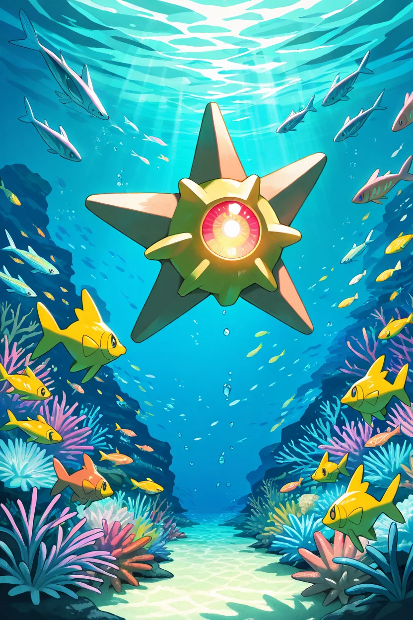 masterpiece, best quality, zzStaryu, pokemon (creature), no humans, <lora:StaryuPokedexIXL:1.0>, glowing brightly under the ocean, surrounded by colorful fish, calm and serene atmosphere, vibrant aquatic colors, soft underwater lighting