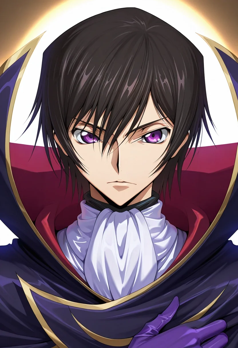 masterpiece, best quality, intricate details, (realistic:0.6), looking at viewer, 1boy, solo, male focus, <lora:lelouch_lamperouge_ilxl:1>, lelouch_lamperouge, black hair, purple eyes, hair between eyes, bangs, short hair, , cape, ascot, gloves, , , caps