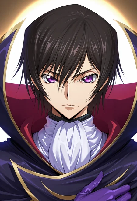 masterpiece, best quality, intricate details, (realistic:0.6), looking at viewer, 1boy, solo, male focus, <lora:lelouch_lamperouge_ilxl:1>, lelouch_lamperouge, black hair, purple eyes, hair between eyes, bangs, short hair, , cape, ascot, gloves, , , caps