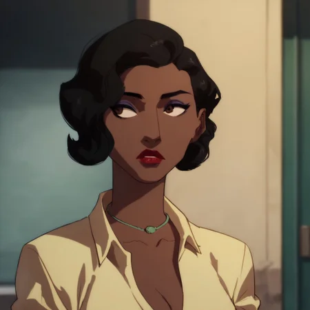 score_9, score_8_up, score_7_up, 1girl, solo, lipstick, makeup, black hair, short hair, dark skin, brown eyes, necklace, jewelry, cleavage, yellow shirt, CatGrantDC, looking away, outdoors, middle of the city