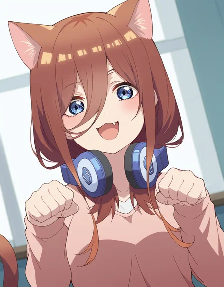 score_9, score_8_up, score_7_up, source_anime, mikunakano, <lora:miku-nakano-s2-ponyxl-lora-nochekaiser:1>, miku nakano, long hair, bangs, blue eyes, brown hair, hair between eyes, headphones, headphones around neck,, <lora:paw-pose-ponyxl-lora-nochekaiser:1>, paw pose, cat ears, cat tail, animal ears, tail, cat girl, open mouth, fang, whiskers,, indoors, smile,, cowboy shot, dutch angle, looking at viewer,