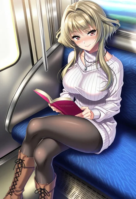 masterpiece, best quality, newest, highres, uncensored, 1girl, yokota mamoru style,1girl, slender face,motion lines,blush,torogao,looking at the viewer,seductive smile
Kanbayashi Mizuki,Blonde Yellow Hair, Intake Hair, Long Hair, Sidehair,Grey Eyes,Heterochromia, Tsurime, Violet Eyes,Medium Breasts, One Mole,Slim,Pendant Necklace
1girl,solo
1girl, mole under eye, pantyhose, solo, crossed legs, mole, sitting, blush, boots, black pantyhose, necklace, blonde hair, jewelry, breasts, train interior, heterochromia, large breasts, smile, book, sweater, 1girl, mole under eye, pantyhose, solo, crossed legs, mole, sitting, blush, boots, black pantyhose, necklace, blonde hair, jewelry, breasts, train interior, heterochromia, large breasts, smile, book, sweater