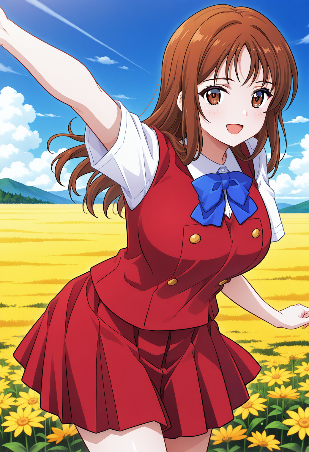 sendou_asuka, brown eyes, brown hair, long hair, blue bowtie, school uniform, short sleeves, vest, red vest, red skirt, <lora:fr_sendou_asuka_illustrious_ver1:0.8> 
smile, open mouth,, 1girl, solo, (field:1.2), (blue sky:1.2), looking at viewer,, (cowboy shot, dynamic pose:1.4),, masterpiece, best quality, general,