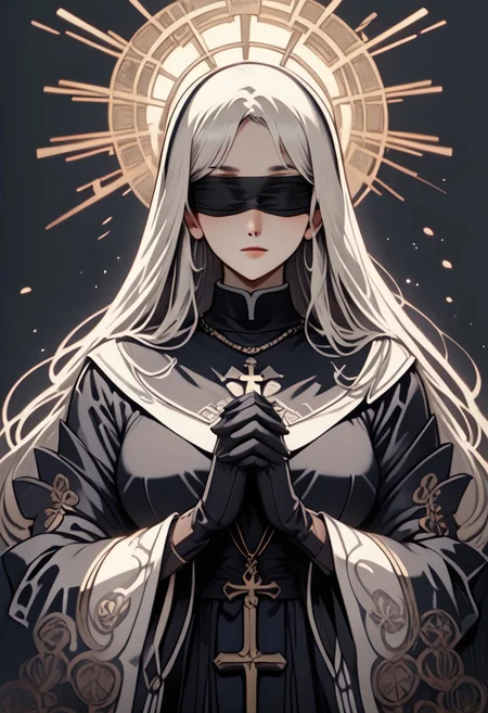 (score_9, score_8_up), score_7_up, 1girl, long hair, large breasts, simple background, gloves, long sleeves, white background, dress, jewelry, upper body, white hair, black gloves, hood, wide sleeves, necklace, black dress, blindfold, halo, own hands together, cross, veil, interlocked fingers, hood up, nun, own hands clasped, praying,, 
depth of field, blurry background, black background, dark, CINE, embers, UKIYO, MUCHA, ANIME