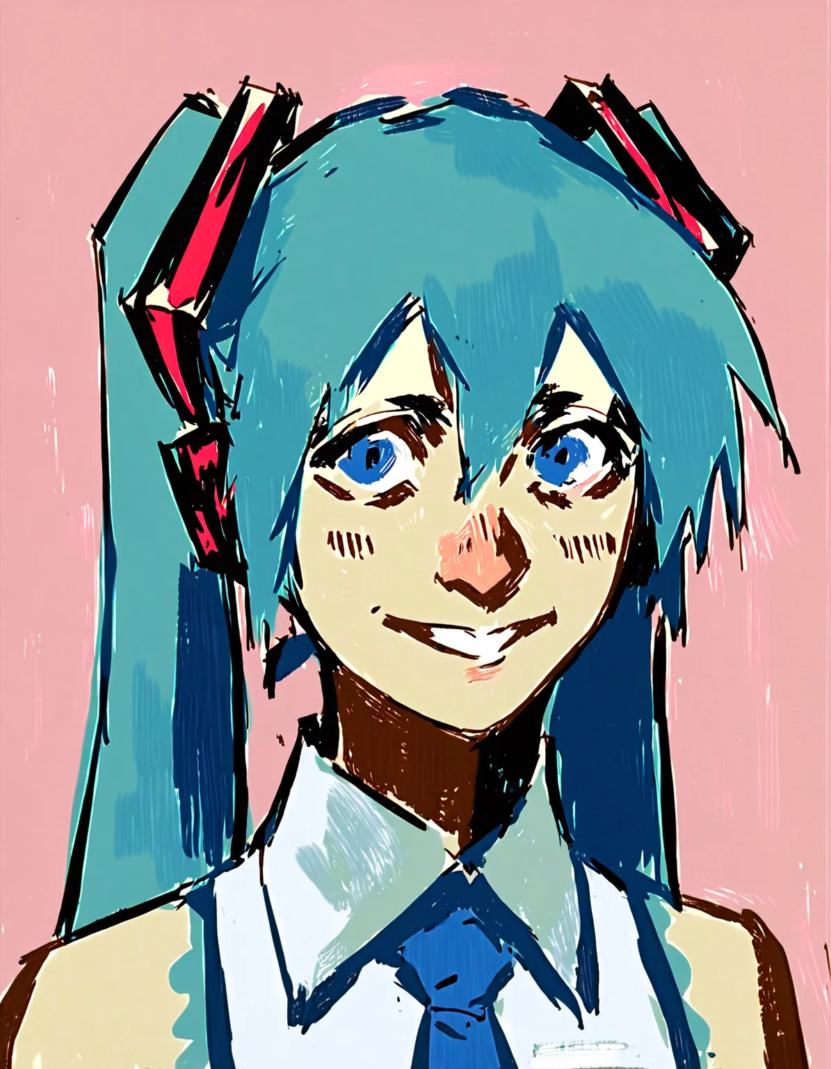 absurdres, hires, score_9, score_8_up, score_7_up, score_6_up, score_5_up, score_4_up, rating_safe, rating_questionable, painting_\(medium\), painterly, faux traditional media, portrait, source_anime, hatsune miku, smile, blue eyes, long blue hair, blue necktie, white sleeveless shirt, pink background