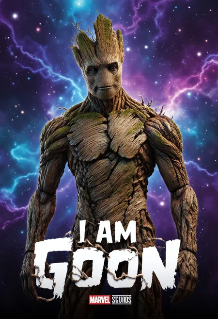 A surreal and humorous depiction Adult Groot, standing against a vibrant cosmic background filled with stars and faint nebulae. The figure's bark-covered body is intricately detailed, with patches of moss and vines giving it a natural and lifelike texture. Its face is solemn yet expressive, exuding a mysterious and otherworldly aura. Below the figure, in bold white text, the phrase "I am goon" is humorously displayed, blending the epic and comedic elements of the scene. The overall mood is a mix of majestic and absurd, with the cosmic backdrop enhancing the surreal tone