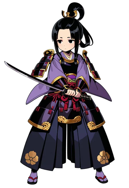 masterpiece, best quality, very aesthetic, absurdres, 
full body, solo, 1girl, kira \(fantasica\), samurai, 
black eyes, black hair, long hair, long sidelocks, ponytail, hair rings, forehead, 
japanese armor, black armor, gold trim, japanese clothes, dou, sode, purple kimono, kurokote, obi, kusazuri, blue tabi, sandals, zouri, dark blue hakama pants, pants tucked in, 
two-handed, katana, 
looking to the side, standing, legs apart, closed mouth, expressionless, 
white background,