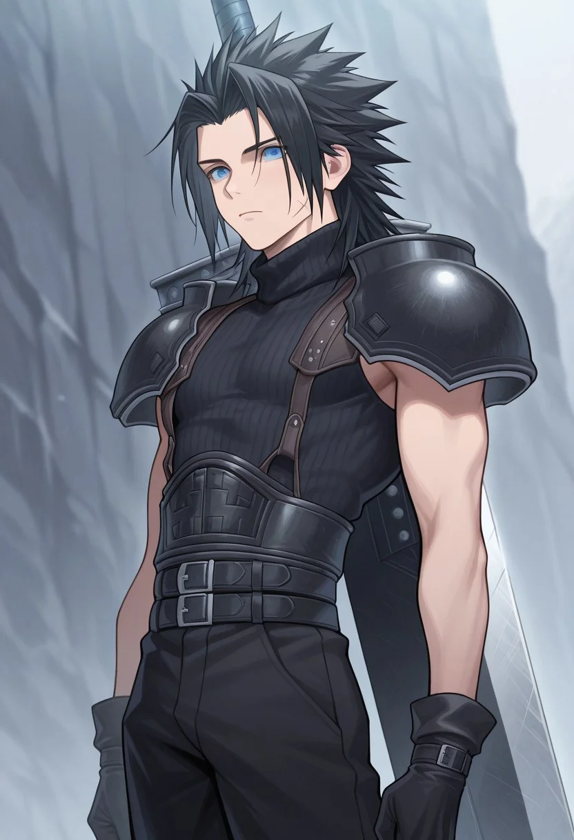 masterpiece,best quality,amazing quality, source_anime,
ZakkusuFea, 1boy, male focus, solo, blue eyes, black hair, spiked hair, medium hair, scar on cheek, shoulder armor, sleeveless turtleneck, gloves, black gloves, multiple belts, black pants, buster sword, outdoor,
