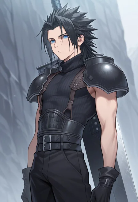 masterpiece,best quality,amazing quality, source_anime,
ZakkusuFea, 1boy, male focus, solo, blue eyes, black hair, spiked hair, medium hair, scar on cheek, shoulder armor, sleeveless turtleneck, gloves, black gloves, multiple belts, black pants, buster sword, outdoor,