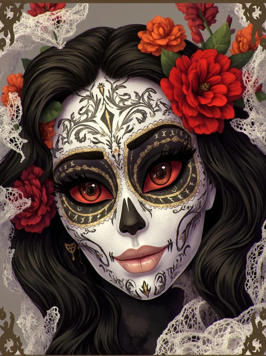 <lora:ck-LttleGhost-000011.safetensors:1> in the style of ck-lttlegh0stA stunning Día de los Muertos-inspired mask, crafted with intricate white and gold detailing, paired with bold black outlining, amidst delicate lace and dark hair adorned with vibrant flowers.
