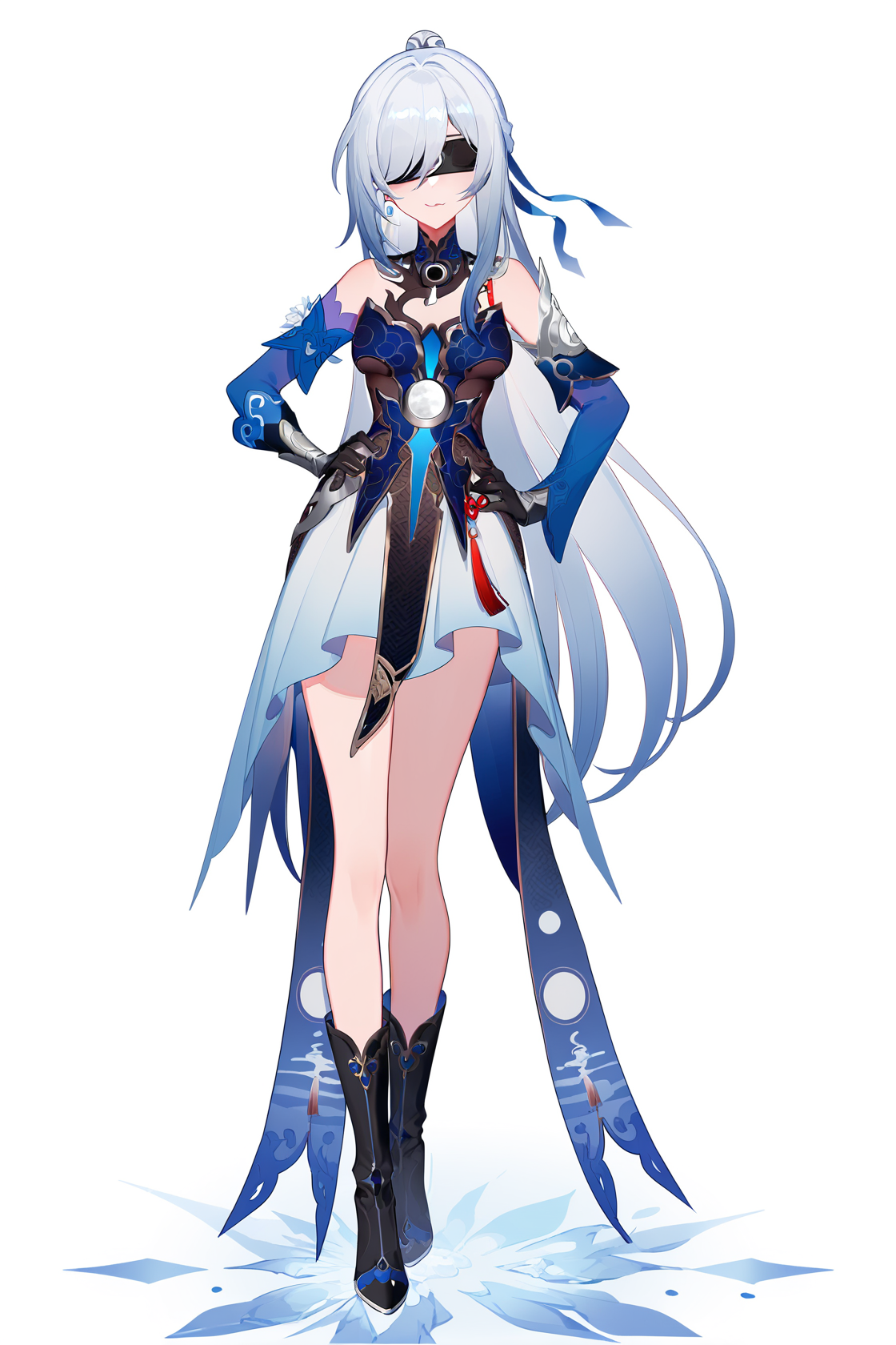 8k, best quality, masterpiece, (ultra-detailed), (high detailed skin), (by nanoless, by misumi \(macaroni\):0.25), 
full body, full shot, standing, looking at viewer, (solo:1.2), simple background, white background, hand on own hip, solo, 
<lora:jingliu-atw2-Tanger:0.7>, jinliu, default clothes, silver hair, blue and white chinese  dress,Blindfold with crescent marking,  1girl,    eyepatch,  long hair, boots,  black gloves, bangs, bare shoulders, ponytail, black footwear, 
A full-body portrait of a young girl, standing gracefully, pastel art style, high-key lighting, shoujo manga influence, hd quality, delicate details,