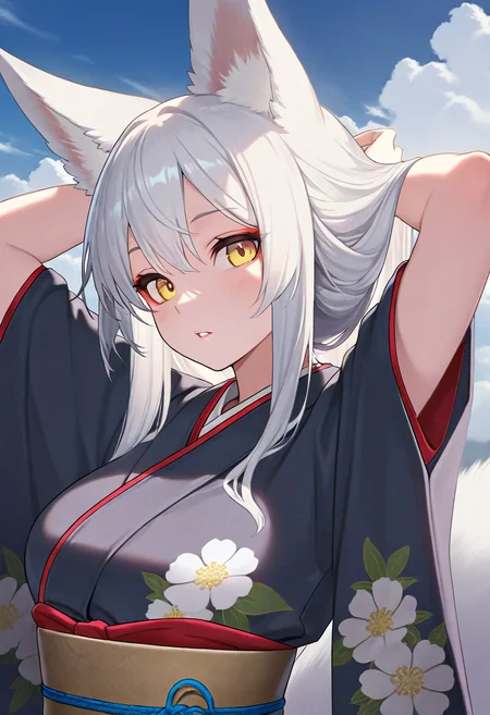 masterpiece,best quality,amazing quality, 1girl, fox tail, sky, white hair, long hair, animal ears, yellow eyes, kitsune, parted lips, looking at viewer, kimono, floral print, outdoors, arms behind head, adjusting hair, cloud, volumetric lighting, blue sky, portrait, upper body,