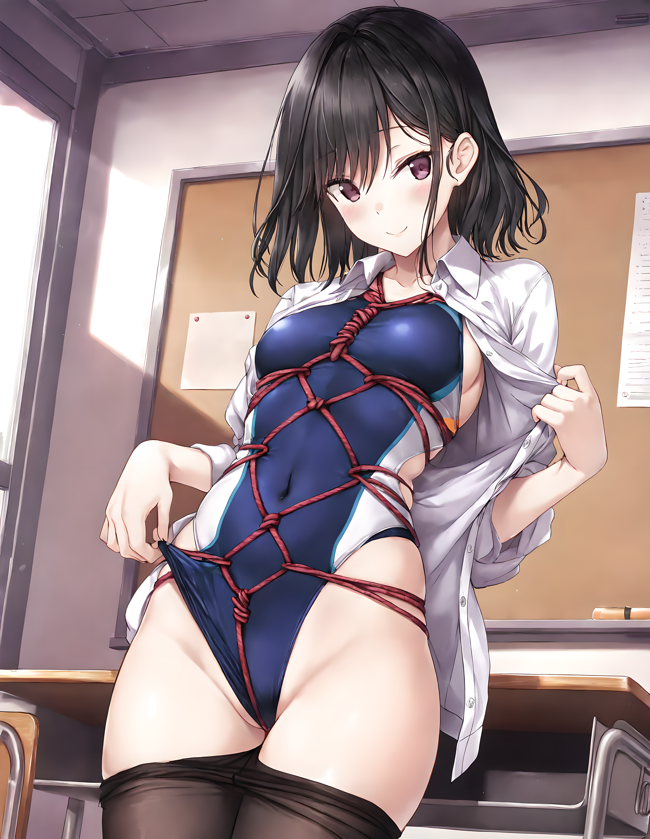 <lora:illustrious_XL_junko:0.8>,junko,masterpiece,best quality,good quality,1girl,solo,white collared shirt,open shirt,competition swimsuit,covered navel,thigh,black pantyhose,rope,shibari,swimsuit under clothes,pantyhose_pull,lifted_by_self,classroom,cowboy_shot,looking_at_viewer,smile,