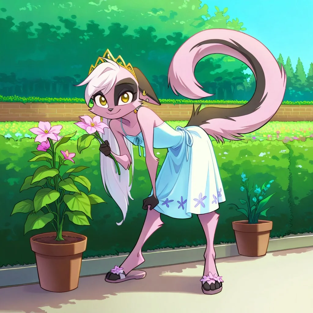 1girl,solo,furry,pink fur,tail,ears,source_furry,
,<lora:Viriathus_Vayu_illustrious:0.8>,
masterpiece, child, kid,
masterpiece, best quality, long hair, sidelocks, gold tiara, earrings, sundress, spaghetti straps, leaning forward, sandals, looking at viewer,, smile, holding flowers, garden, flower pot