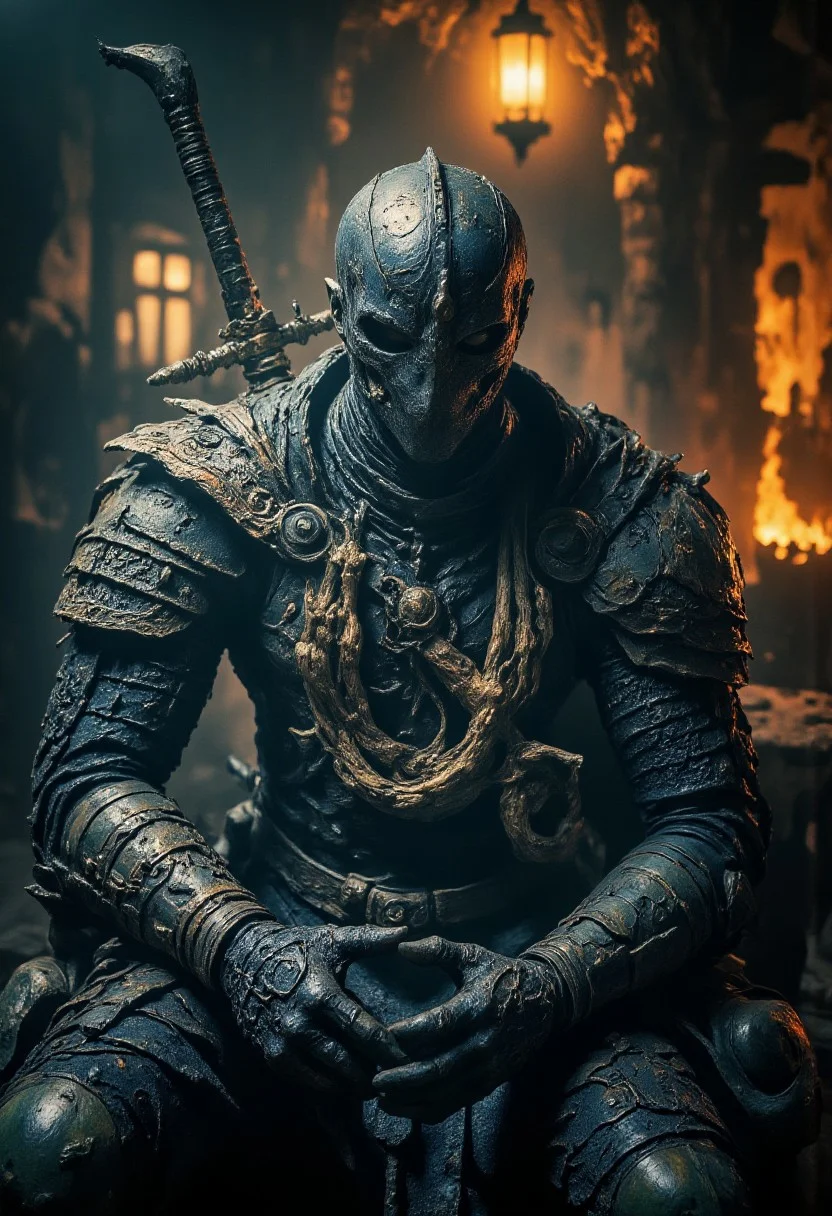 A highly detailed cinematic photography depicting a fantastical mythic scene in Fanmytwor style.
A soul knight, soul particals around the knight, fantasy tavern in background.
(Dark intricate atmosphere, Light and shadow play, angle view:1.3).