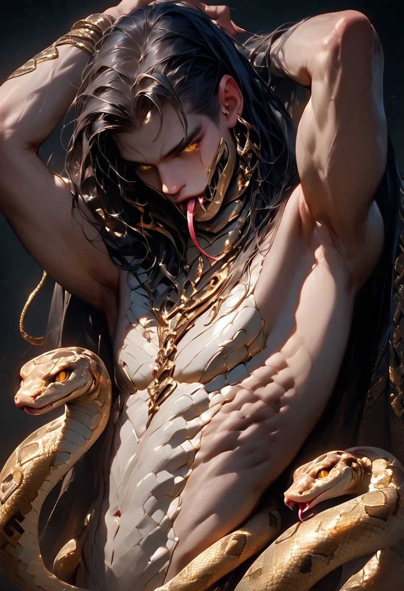 score_9, score_8_up, score_7_up, masterpiece, ultra-realistic 8k, (best quality), (lots of details), (intricate details), perfect male painting, detailed painting, inrticate, realistic skin, (dark theme, dark shot), (side view:0.5), (cowboy shot), adult boy, gay, (muscule: 0.5), yellow eyes, split tongue, tongue out, open mouth, naked, his body covered around by (big_snake:2.2), arms up, arched his back, dynamic pose, suggestive pose, seductive, dark theme, glare and reflections, highres textures, Expressiveh