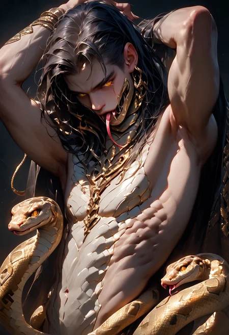 score_9, score_8_up, score_7_up, masterpiece, ultra-realistic 8k, (best quality), (lots of details), (intricate details), perfect male painting, detailed painting, inrticate, realistic skin, (dark theme, dark shot), (side view:0.5), (cowboy shot), adult boy, gay, (muscule: 0.5), yellow eyes, split tongue, tongue out, open mouth, naked, his body covered around by (big_snake:2.2), arms up, arched his back, dynamic pose, suggestive pose, seductive, dark theme, glare and reflections, highres textures, Expressiveh