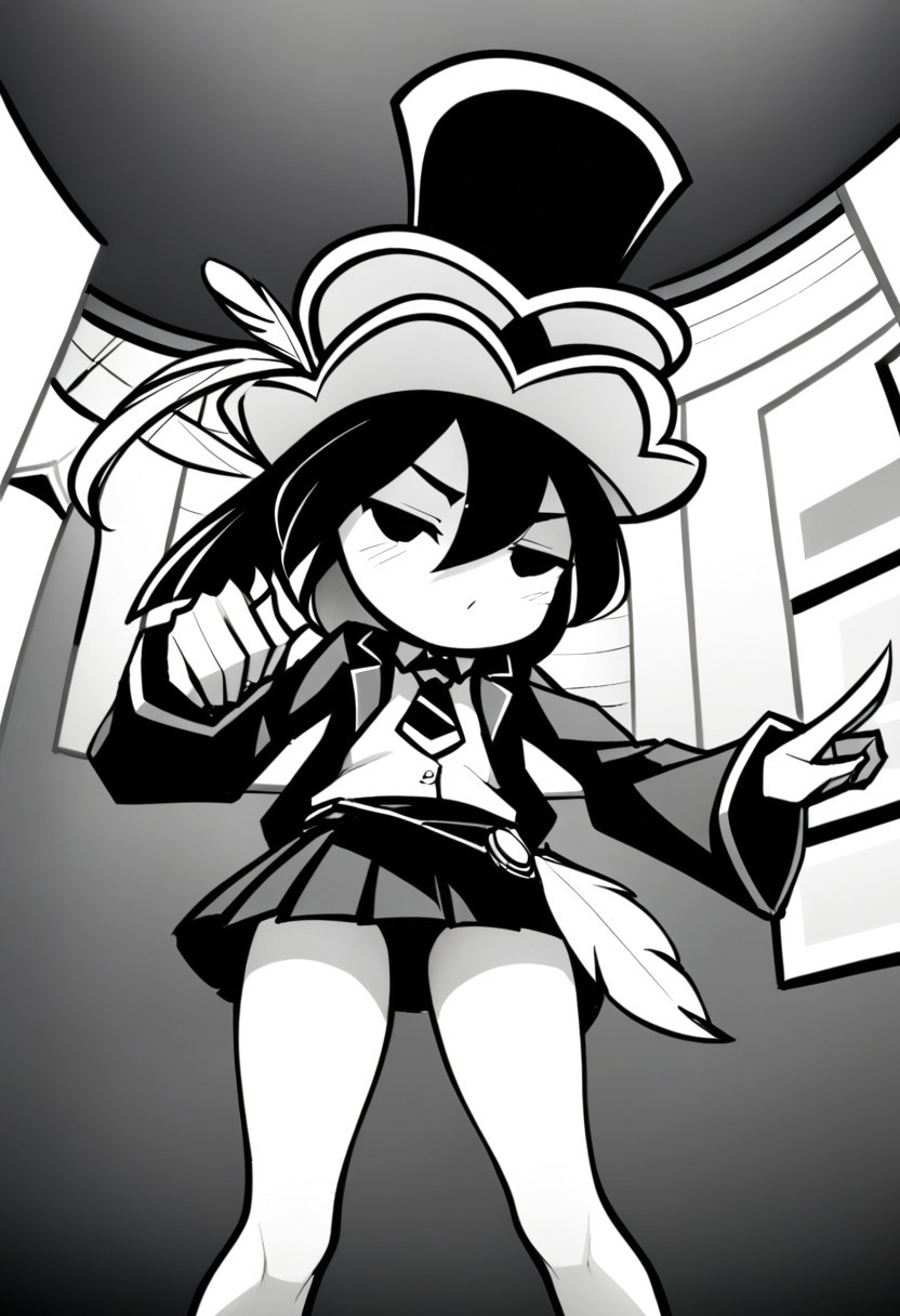 masterpiece, best quality, LITERALHAT'S MONOCHROME ART, 1girl,Black hair, Black eyes, Cartoon, Tophat, Black skirt, Black jacket, Monochrome, Black, White, Feather