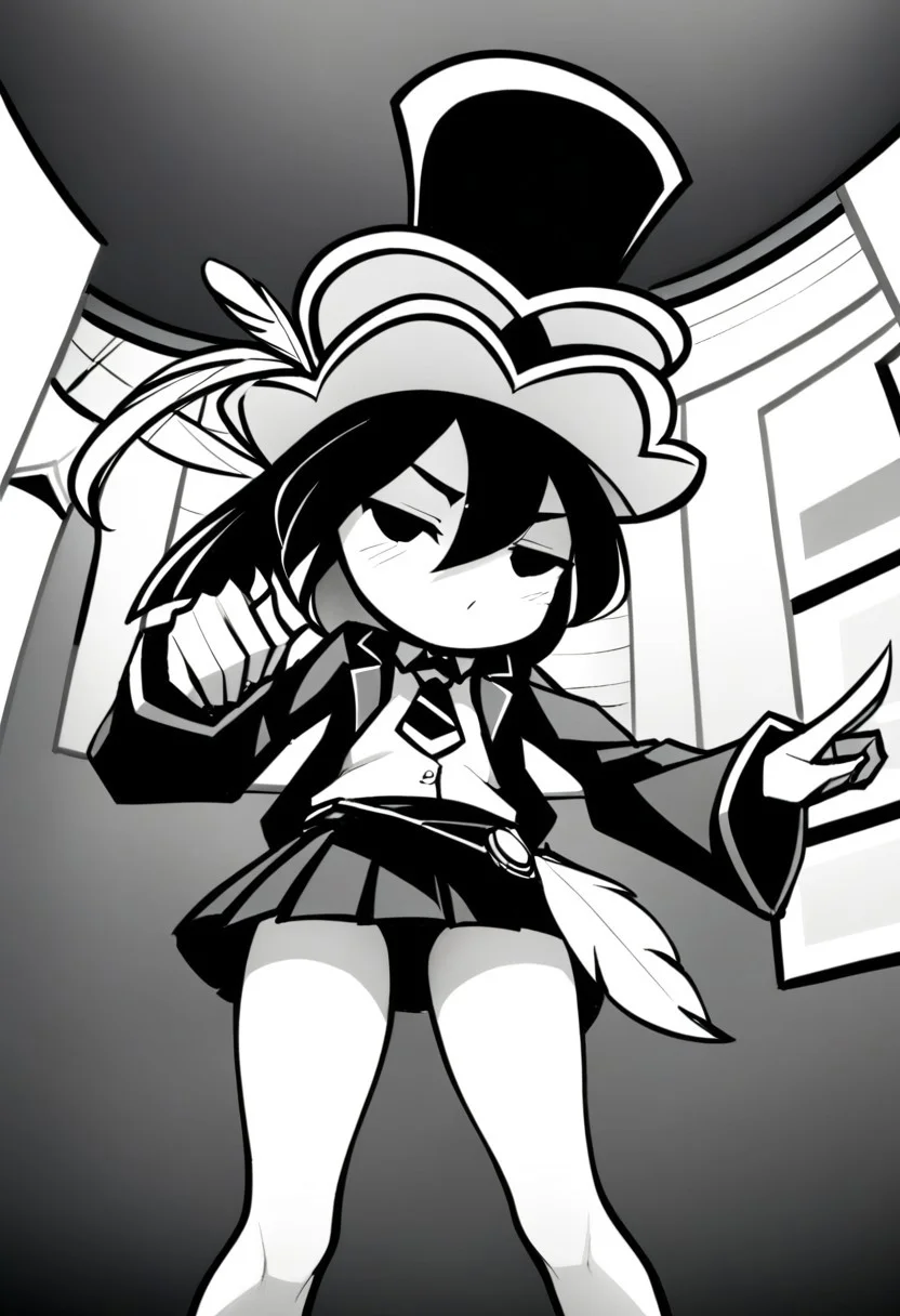masterpiece, best quality, LITERALHAT'S MONOCHROME ART, 1girl,Black hair, Black eyes, Cartoon, Tophat, Black skirt, Black jacket, Monochrome, Black, White, Feather