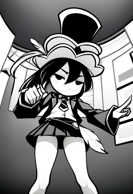 masterpiece, best quality, LITERALHAT'S MONOCHROME ART, 1girl,Black hair, Black eyes, Cartoon, Tophat, Black skirt, Black jacket, Monochrome, Black, White, Feather