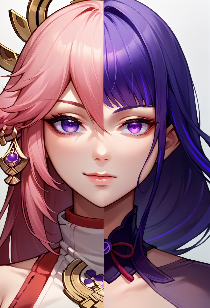 score_9, score_8_up, source_anime, <lora:Splitscreen_XLPD:0.6>, upper body, split screen, splitscreen,
BREAK yae miko, seductive smile, 
BREAK raiden shogun, expressionless,