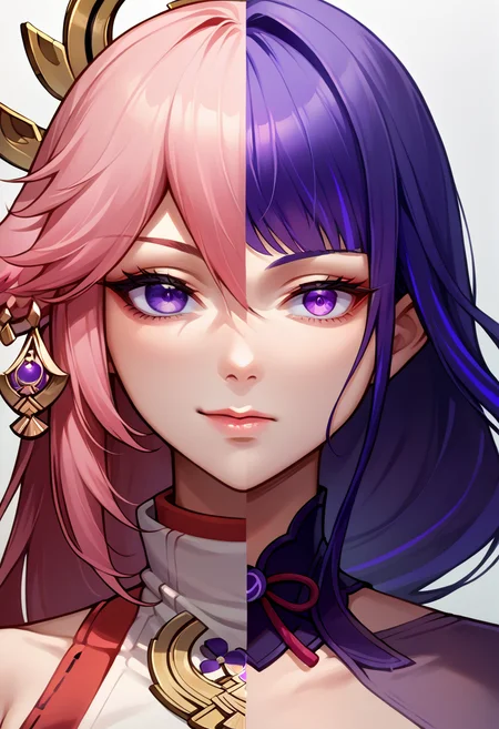 score_9, score_8_up, source_anime, <lora:Splitscreen_XLPD:0.6>, upper body, split screen, splitscreen,
BREAK yae miko, seductive smile,
BREAK raiden shogun, expressionless,