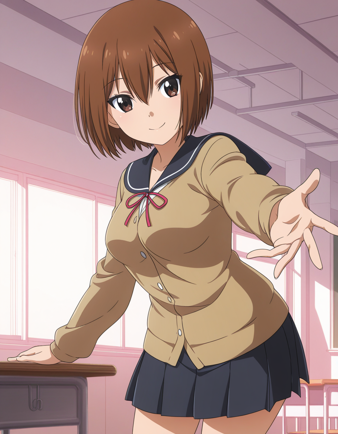 1girl, solo, takamiya nasuno, brown hair, short hair, hair between eyes, brown eyes, smile, medium breasts, school uniform, brown cardigan, long sleeves, sailor collar, neck ribbon, pleated skirt, outstretched hand, cowboy shot, indoors, classroom, anime coloring, light theme <lora:takamiya_nasuno_ilxl_v1:0.8>