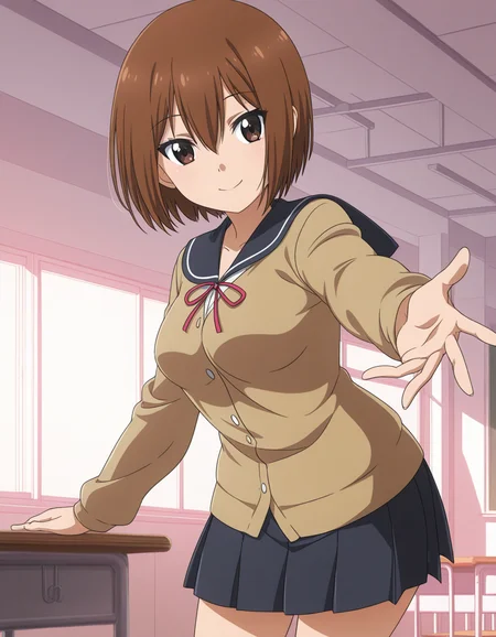 1girl, solo, takamiya nasuno, brown hair, short hair, hair between eyes, brown eyes, smile, medium breasts, school uniform, brown cardigan, long sleeves, sailor collar, neck ribbon, pleated skirt, outstretched hand, cowboy shot, indoors, classroom, anime coloring, light theme <lora:takamiya_nasuno_ilxl_v1:0.8>