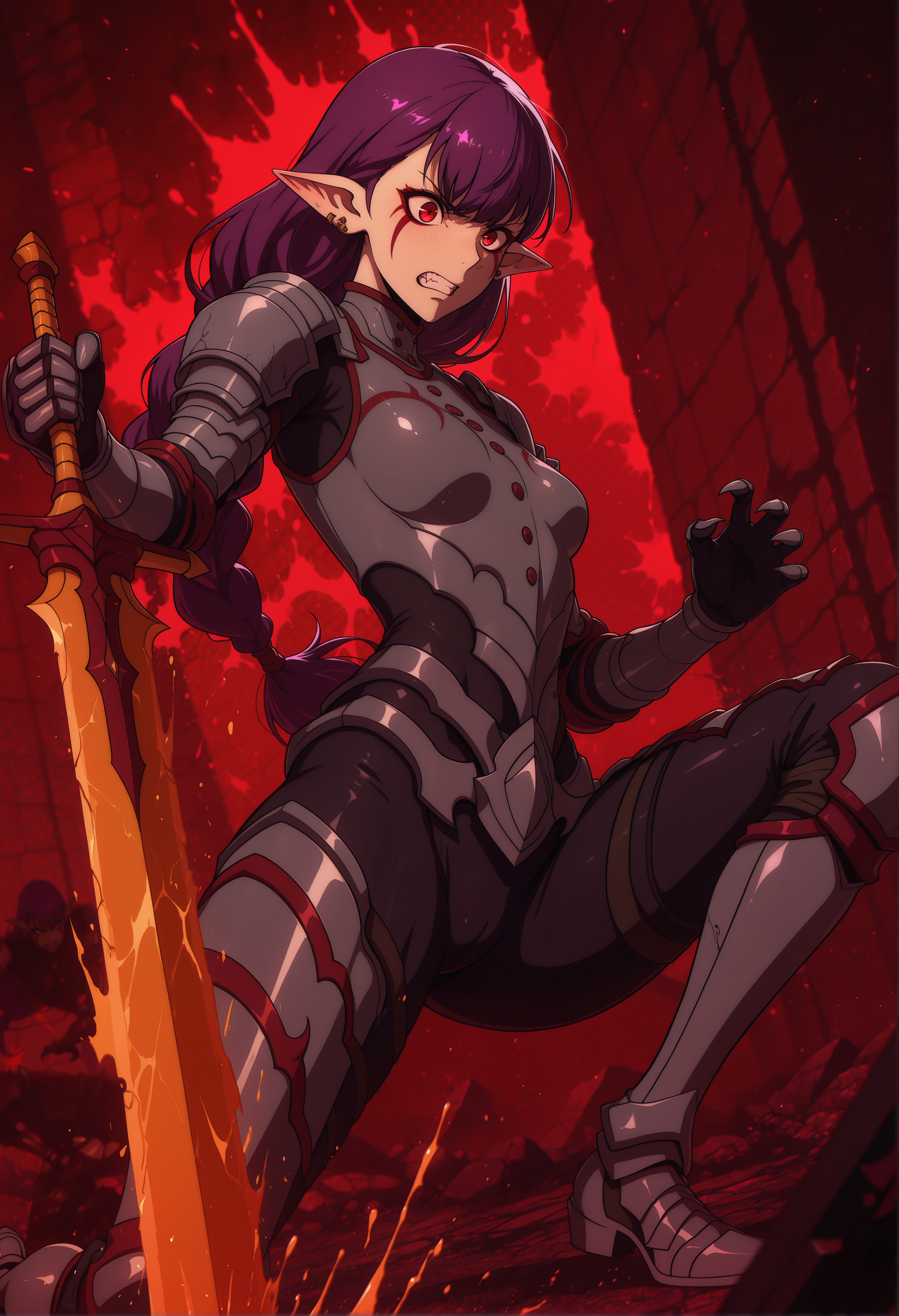 rating_explicit, nsfw, souleaterstyle, masterpiece, best quality, amazing quality, breathtaking attention to detail, 8K, absurdres, highres, ultra detail, high contrast, BREAK, 1girl, (fullbody:1.2), single braid, long hair, purple hair, red eyes, facial mark, pointy ears, earrings, long hair, black bodysuit, red trim, buttons, grey armor, sword, blue elbow pads, gauntlets, greaves, detailed skin, small_breasts, (detailed character design), 1demon, Splatter, Halftone_background, Split-Complementary _Colors, fighting against demon, angry, blurry, cinematic, action_pose, dynamic angle