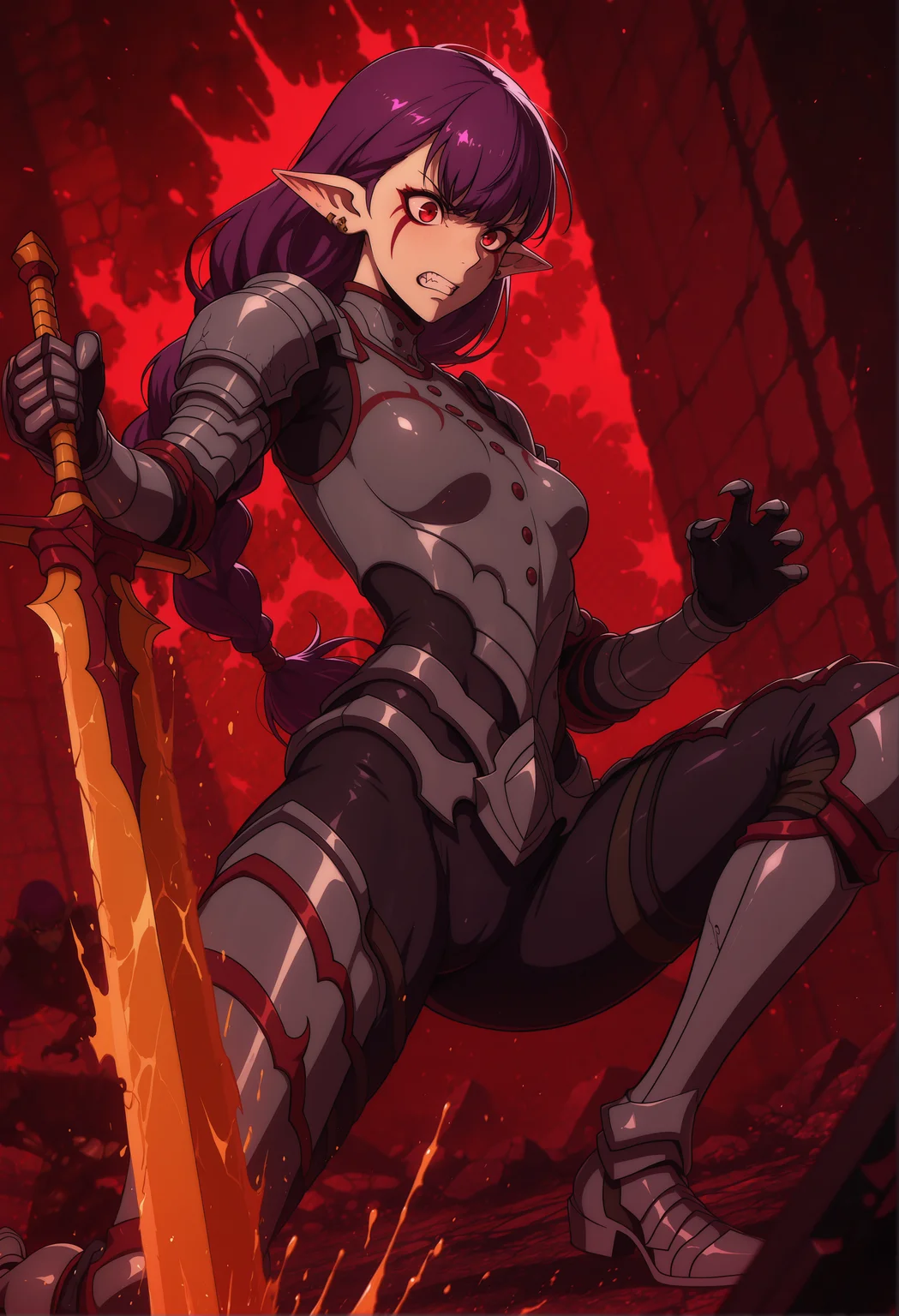 rating_explicit, nsfw, souleaterstyle, masterpiece, best quality, amazing quality, breathtaking attention to detail, 8K, absurdres, highres, ultra detail, high contrast, BREAK, 1girl, (fullbody:1.2), single braid, long hair, purple hair, red eyes, facial mark, pointy ears, earrings, long hair, black bodysuit, red trim, buttons, grey armor, sword, blue elbow pads, gauntlets, greaves, detailed skin, small_breasts, (detailed character design), 1demon, Splatter, Halftone_background, Split-Complementary _Colors, fighting against demon, angry, blurry, cinematic, action_pose, dynamic angle