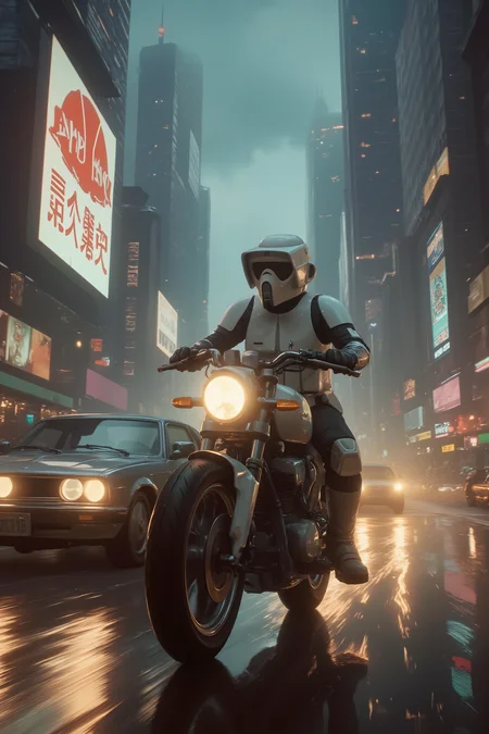 A scout trooper leans low over a futuristic motorcycle, weaving between traffic as they race through a neon-drenched metropolis. Above, towering holograms flicker, advertising unknown corporations, their glowing lights reflecting off the wet pavement as the chase intensifies.<lora:SCOUTTROOPER_FLUX>, <lora:aesthetical-000003:0.15><lora:aidmaNSFWunlock-FLUX-PonyStyle-v0.1:0.15><lora:Flux-jijia:0.1><lora:GLSHS:0.6>