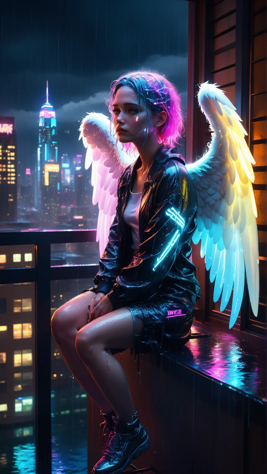 Hyperrealistic angel with white wings, neon-lit cityscape, sitting on a balcony, dark and atmospheric, detailed lighting, cyberpunk vibes, rain-soaked, introspective mood, vibrant colors, high contrast, realistic wet textures, glistening surfaces, detailed water reflections, wet clothing, rain droplets