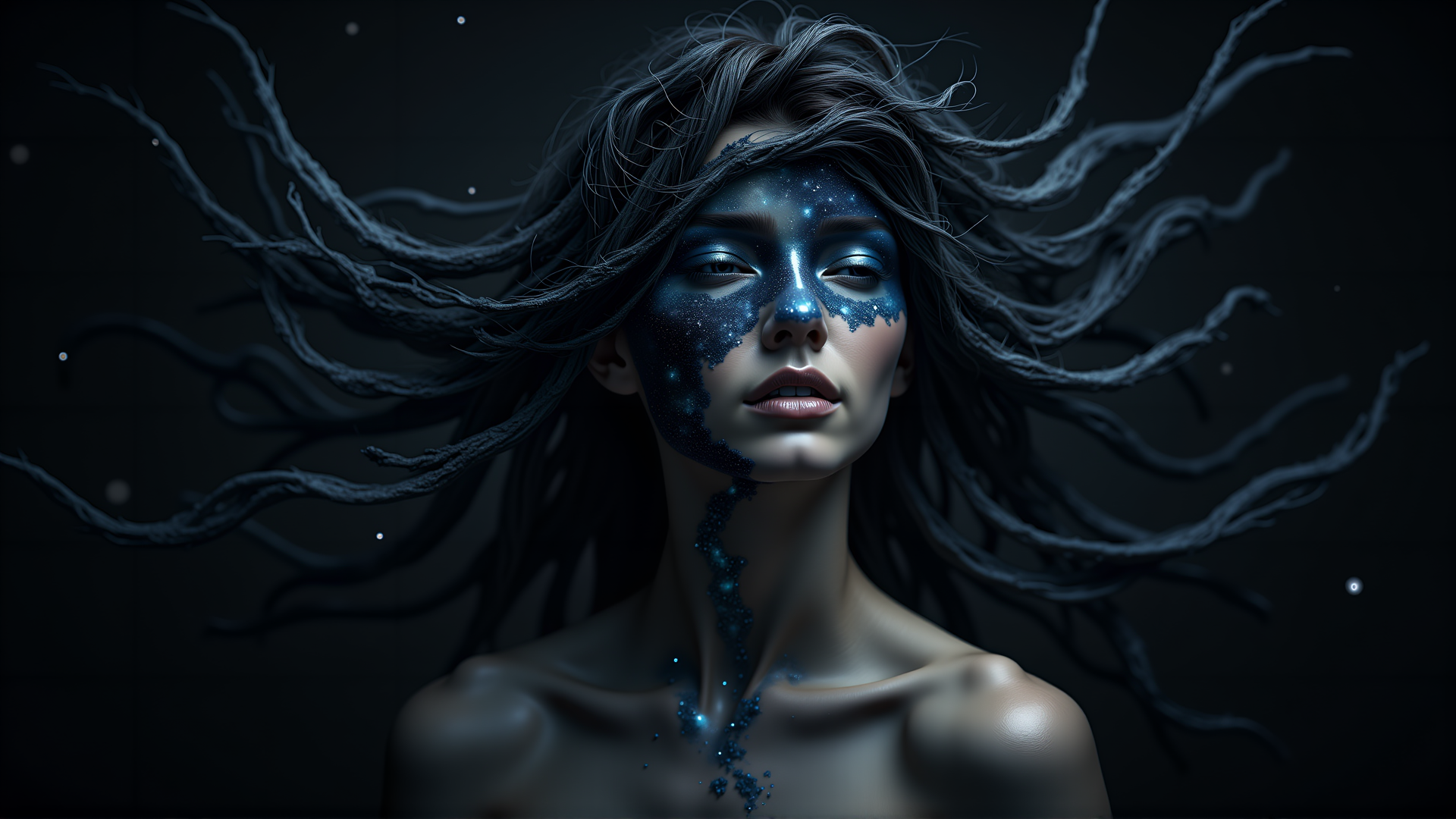 <lora:Sinematic Realism_1 :1>
a woman with blue makeup and hair blowing in the wind with stars on her face and body and hair blowing in the wind, Alberto Seveso, behance hd, an airbrush painting, fantasy art