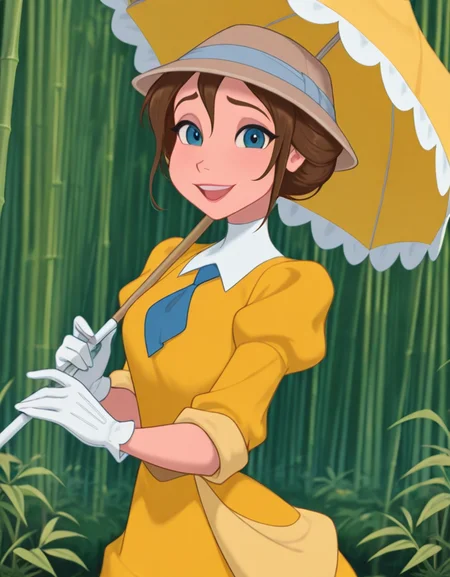 masterpiece, best quality, amazing quality, very aesthetic, absurdres, newest, detailed background, cowboy shot, 4k, 8k, outdoors, bamboo forest,
janexd, 1girl, brown hair, solo, smile, short hair, open mouth, puffy sleeves, blue eyes, yellow dress, blue necktie, looking at viewer, white gloves, hat, holding, parasol,
<lora:Jane_Porter_-_Disney_Illustrious:1>