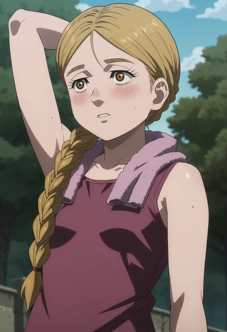 <lora:PonyScores7:1> anime coloring, source_anime, rating_explicit, uncensored BREAK
masterpiece, best quality, very aesthetic, absurdres, anime screencap BREAK
<lora:Chi. Chikyuu no Undou ni Tsuite - Jolenta:1> ChiJolenta, brown eyes, blond hair, braid, hair over shoulder, long hair, small breasts BREAK
park, outdoors BREAK
1girl, solo, parted lips, blush, tank top, very sweaty, towel around neck, arm up, dutch angle, cowboy shot