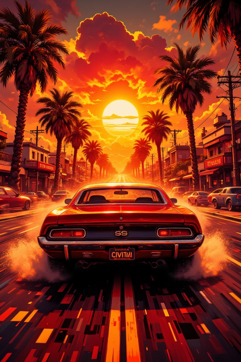 pinhole photography. Dutch angle cinematic shot of a cherry red muscle car from the 1970s cruising at speed onto a majestic reddish sunset. The road reflects the bright orangish glow of the sun on the drenched asphalt, and palm trees line its sides. Bright yellows and reds reflect on the car's body and highlight its fast moving silhouette. Pinkish clouds adorn the vast expanse of the horizon, creating depth and perspective in this energetic composition. The car's license plate has the text "CIVITAI".,aidmafluxpro1.1