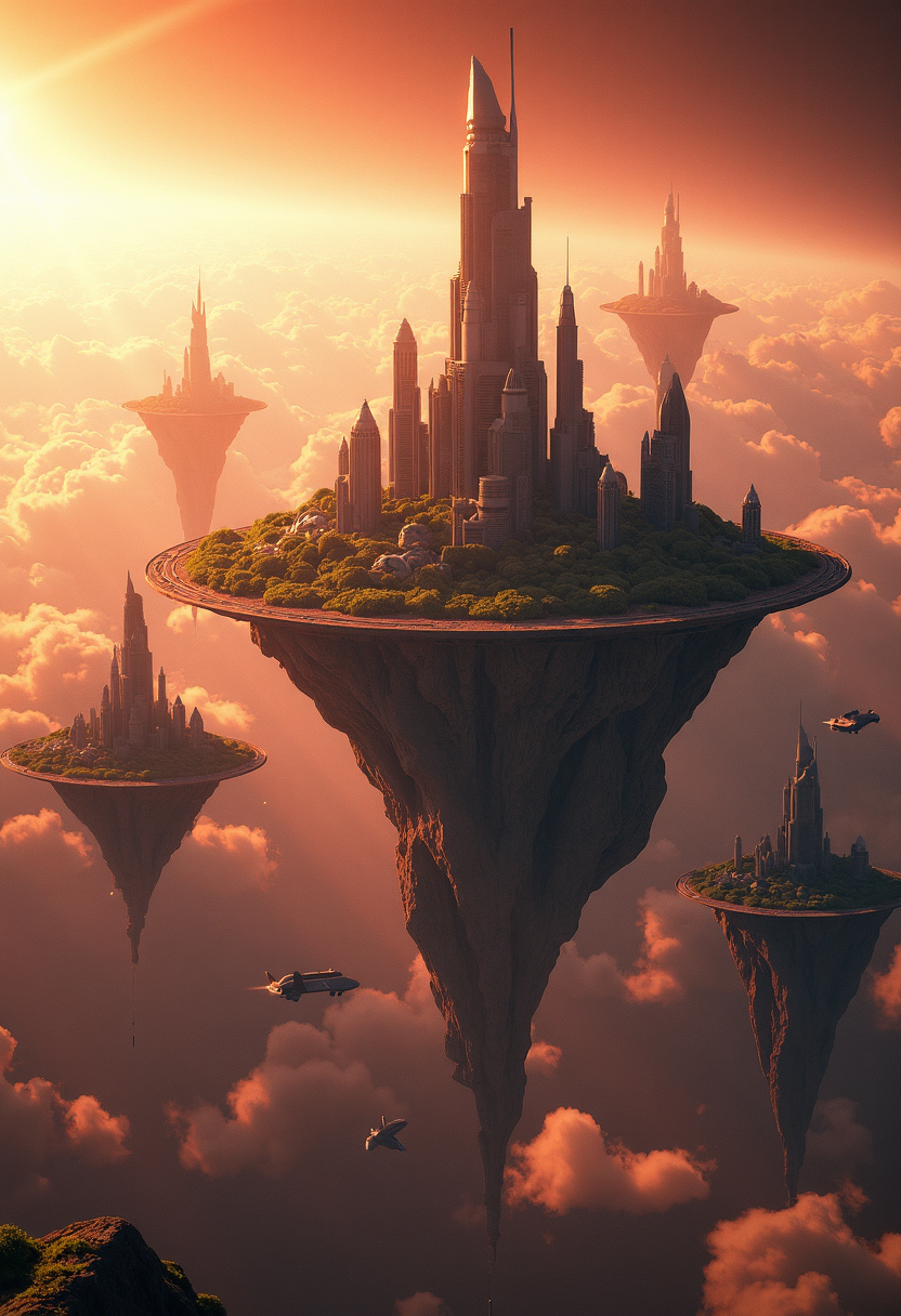 photorealistic,highly detailed,islands floating in space,covered by shimmering force field,orbiting mars,different altitudes,land bridges,lush foliage,towering futuristic,skyscrapers,shuttles flying down to the planet,sci-fi,magical,8k,unreal engine,octane render,ray tracingThe islands are positioned at varying altitudes and interconnected by expansive land bridges.,