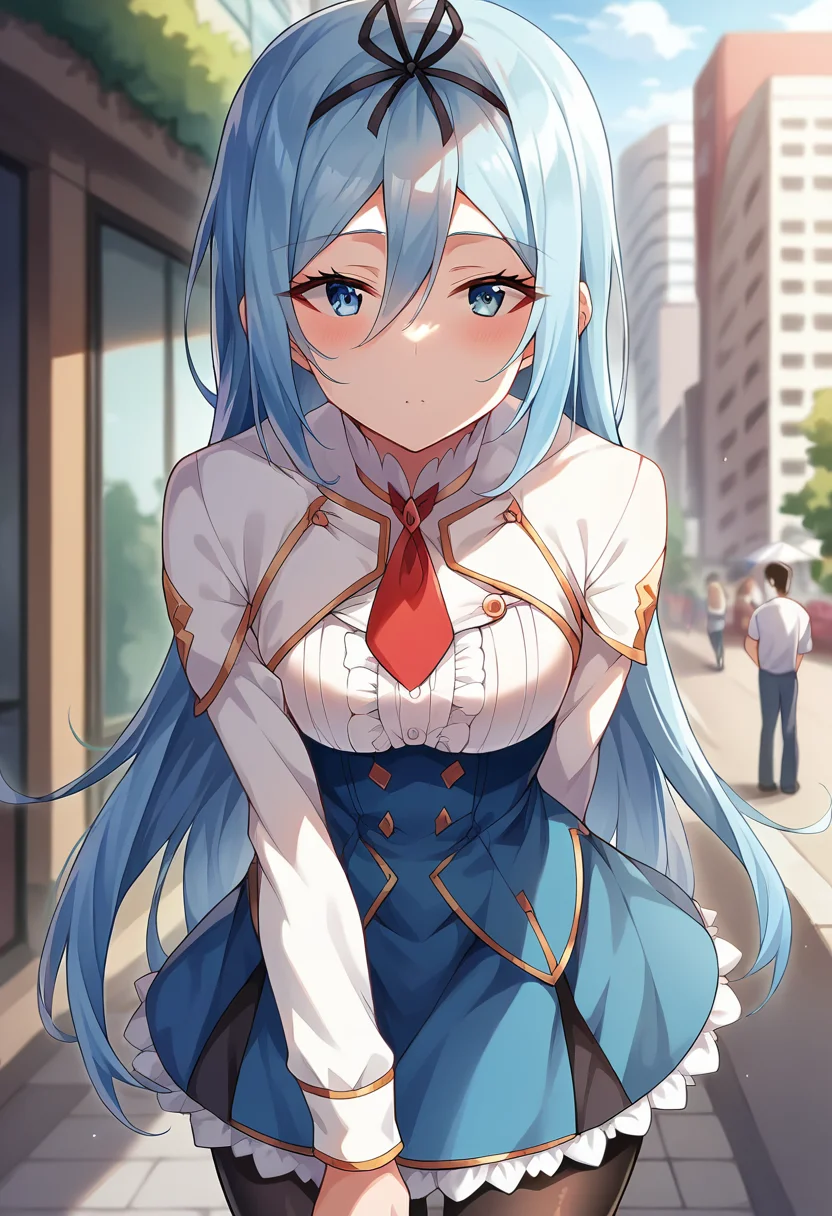 score_9, score_8_up, score_7_up, source_anime, masterpiece, 1girl, ctiankrulc1fer, light blue hair, blue eyes, white capelet, red necktie, underbust, blue skirt, center frills, frilled skirt, long sleeves, black pantyhose, leaning forward, facing viewer, looking at viewer, outdoors, city, depth of field, sunny, day, <lora:Krulcifer_Einfolk_pony_ct:1>