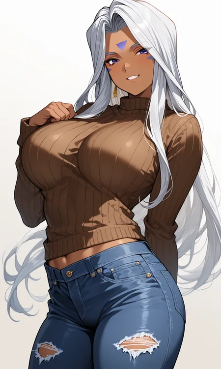 1girl, (Urd, dark-skinned female), smile, large breasts, ribbed sweater, jeans, torn pants, denim, simple background, gradient background, cowboy shot, (high resolution), ((masterpiece)), (best quality), (very aesthetic), aesthetic, illustration