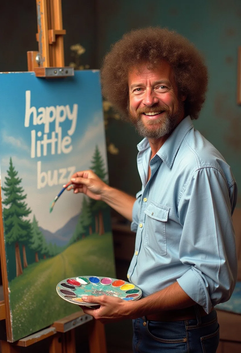 Raw, 8k, ultra realistic photo from The joy of painting show. ((Bob Ross)) is standing next to a canvas. He is smiling looking at the viewer, on the canvas its writen "happy little buzz" in paint. holding a paint brush and Palette. Film grain.