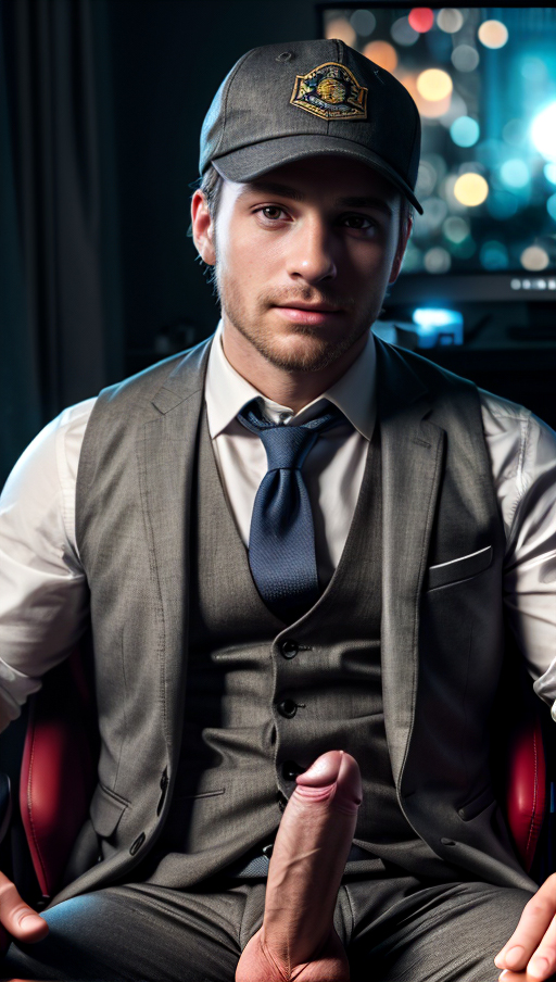 ASCIIPhoto of a man, close up portrait, sitting in gaming chair in front of computer, vest, tie, khakis, penis exposed, blue undershirt, skinny, ball cap, brown eyes, backwards, dark bedroom, windows, close up portrait, high detail, realistic, high detail, 8k, (Masterpiece, high quality:1.3), masterpiece, depth of field, bokeh, detailed, homoerotic, (homoerotic), highly detailed, sharp focus, intricate, smooth, elegant, fantasy, cinematic lighting, cinematic, masterpiece, matte, photorealistic, 4k, beautiful, volumetric lighting, dramatic,